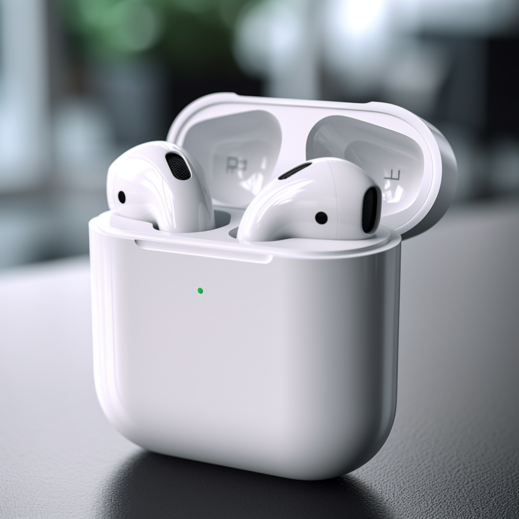 AirPods resting on a table while someone asks why is the volume on my AirPods so low.