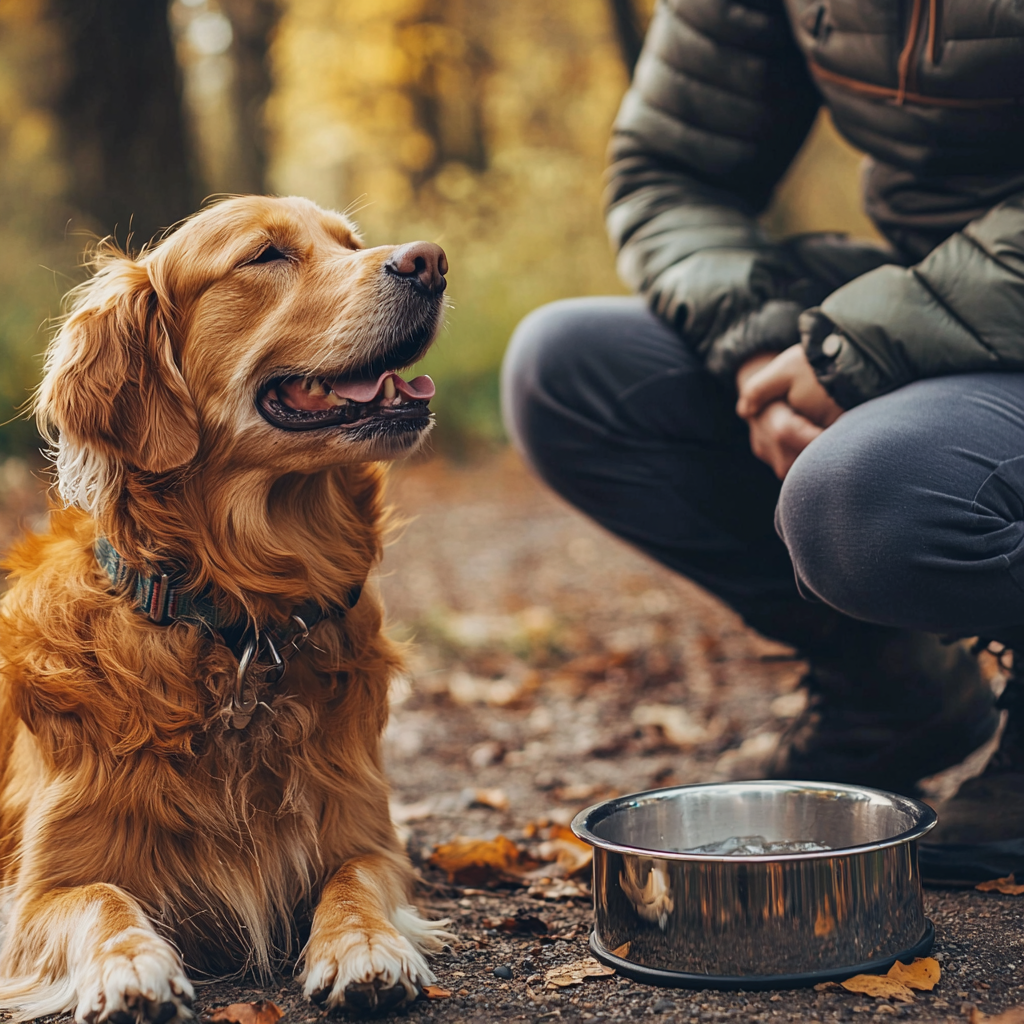 A panting dog is given water by its owner.