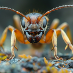 A close-up of an ant on the ground in a natural setting