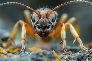 A close-up of an ant on the ground in a natural setting