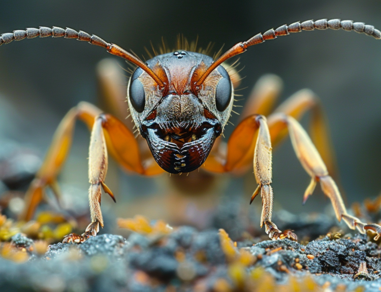 A close-up of an ant on the ground in a natural setting