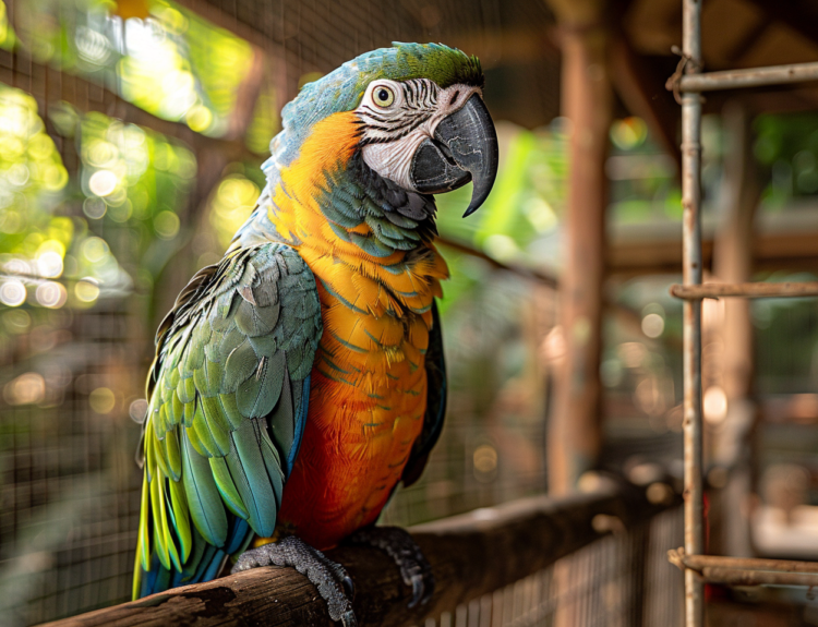 A parrot perched on a tree branch inside a large natural habitat at a zoo.