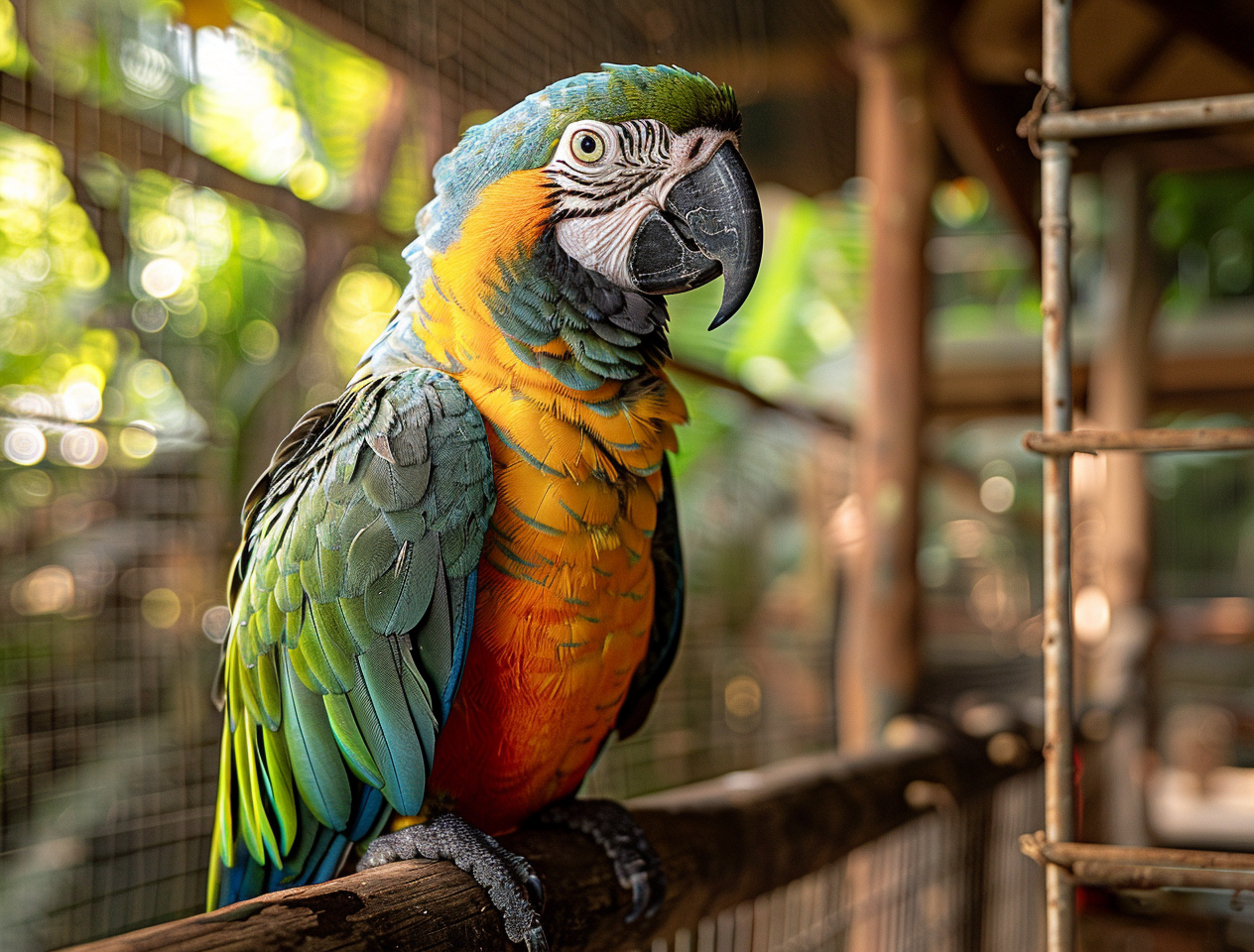 A parrot perched on a tree branch inside a large natural habitat at a zoo.