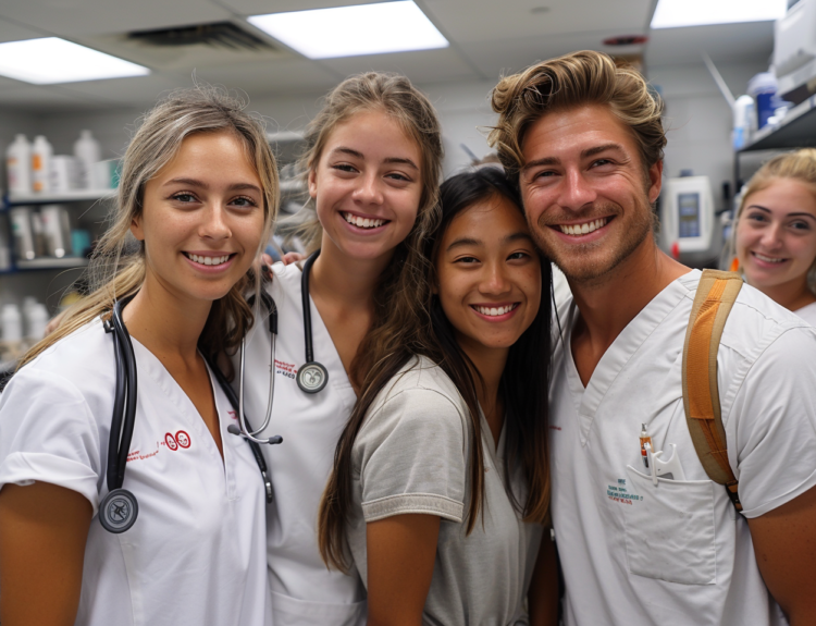 A group of physician assistant students taking a picture during PA school, discussing how long is PA school.