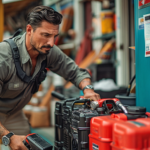 A man filling multiple red gas cans at a fuel station pump.