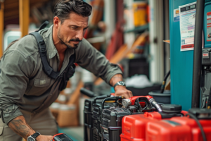 A man filling multiple red gas cans at a fuel station pump.