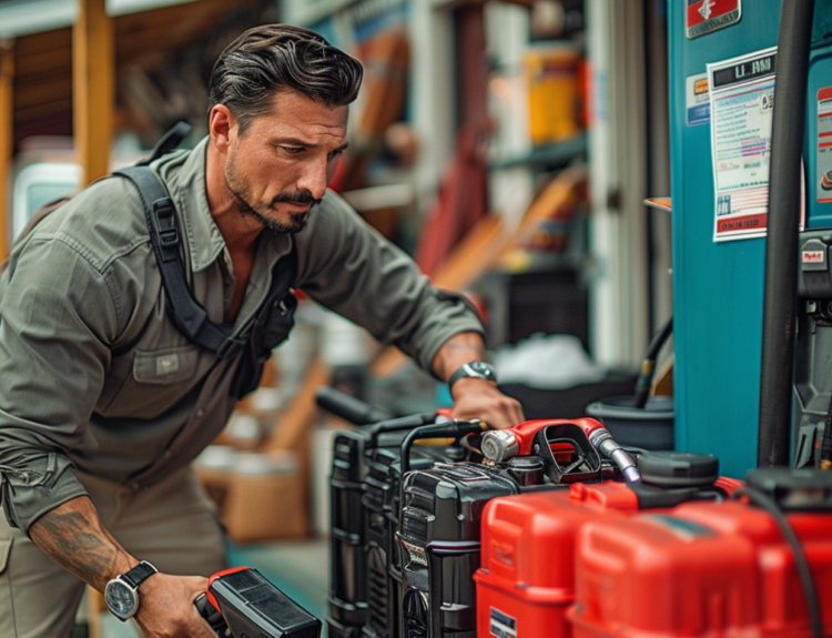 A man filling multiple red gas cans at a fuel station pump.