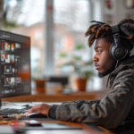 Young man evaluating TikTok video performance on a laptop for monetization.