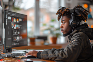 Young man evaluating TikTok video performance on a laptop for monetization.