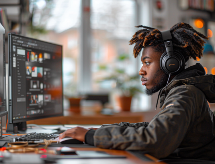 Young man evaluating TikTok video performance on a laptop for monetization.