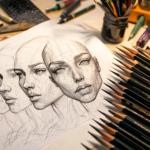 A drawing of a woman's head in stages from left to right on a desk with pencils.