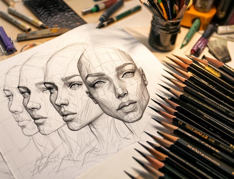 A drawing of a woman's head in stages from left to right on a desk with pencils.