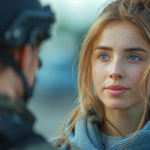 A woman speaking to a police officer about legal advice for protection