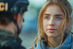 A woman speaking to a police officer about legal advice for protection