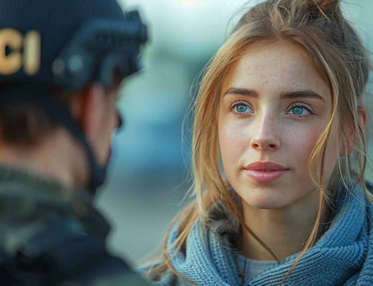 A woman speaking to a police officer about legal advice for protection