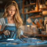 Girl using a heat press to iron patches onto her outfit.