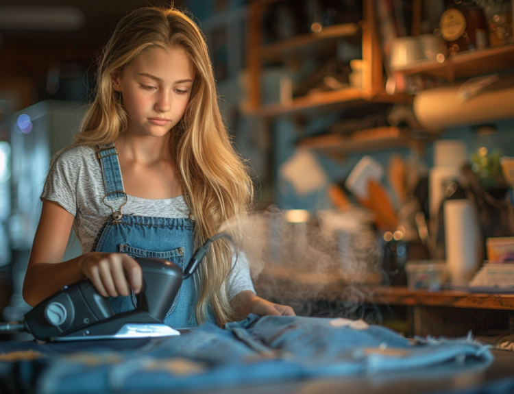 Girl using a heat press to iron patches onto her outfit.