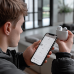 A pair of AirPods and a phone sitting on a counter.