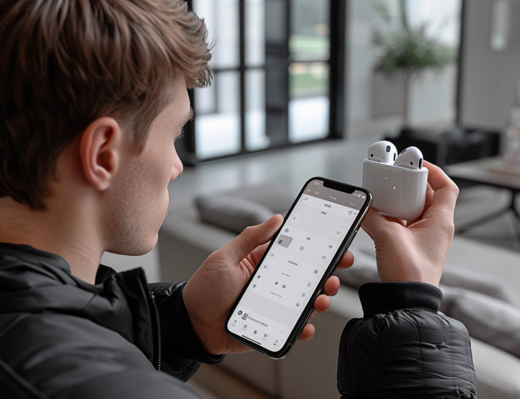 A pair of AirPods and a phone sitting on a counter.