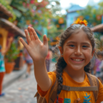 Girl waving as she walks through the streets of a Spanish village.