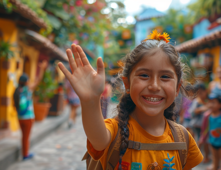 Girl waving as she walks through the streets of a Spanish village.