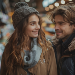 Man engaging in a friendly conversation with a woman at a grocery store.