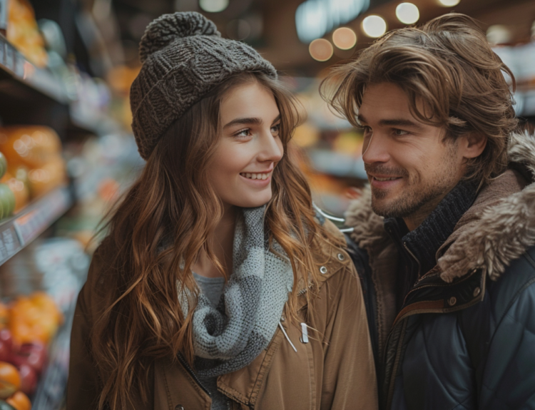 Man engaging in a friendly conversation with a woman at a grocery store.