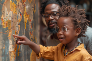 A father teaches his son what continent is Egypt in using a map.