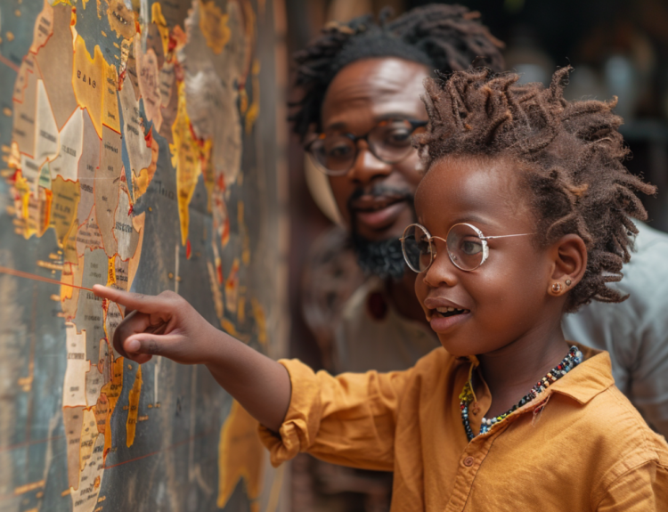 A father teaches his son what continent is Egypt in using a map.