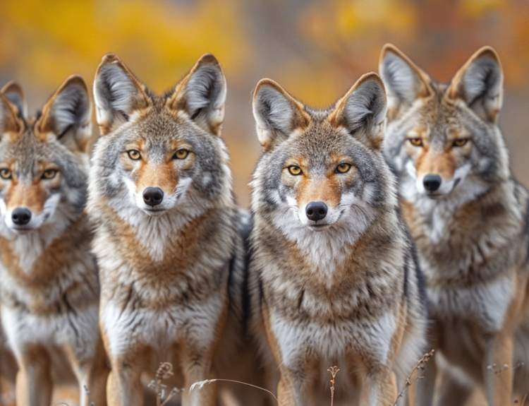 Group of coyotes hunting together in their natural habitat.