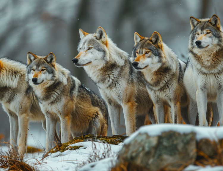 A pack of wolves searching for prey, exploring what do wolves eat in the wild.