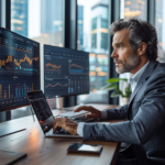 Man studying financial data on monitors, determining what is 6 figures in investment.