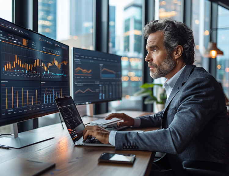 Man studying financial data on monitors, determining what is 6 figures in investment.