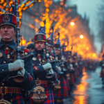 Scotland Bag Pipe Band performing at a festival.