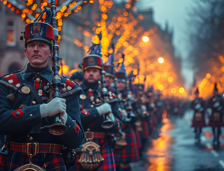 Scotland Bag Pipe Band performing at a festival.