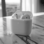 AirPods on a kitchen counter with low volume issue.