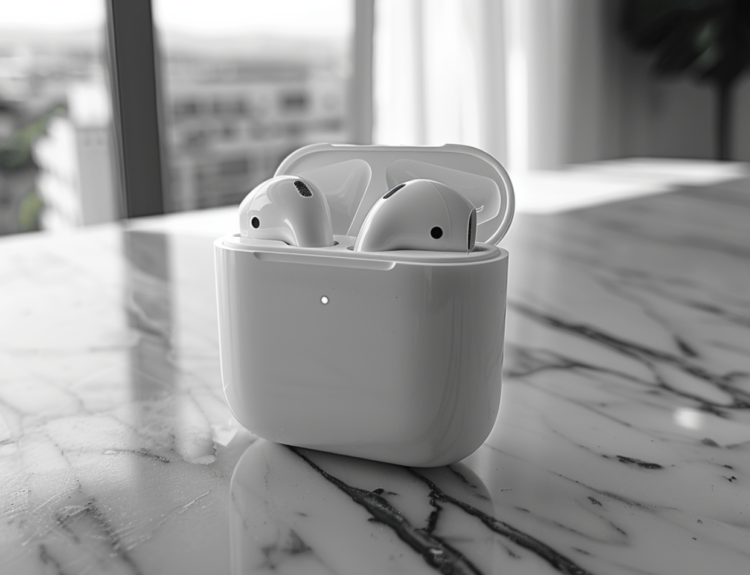 AirPods on a kitchen counter with low volume issue.