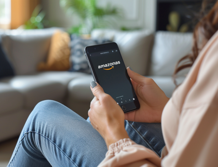 A close-up of a woman using the Amazon app in Spanish on her smartphone.