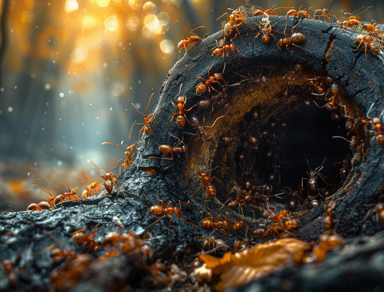 A colony of ants navigating a fallen tree bark in the woods