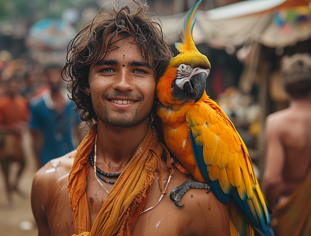 A young man in a tourist spot smiles with a spiked-hair parrot on his shoulder.