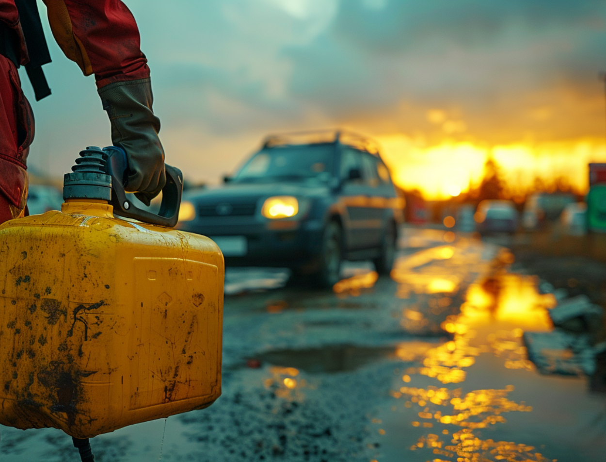 A man with a gas can in hand walking to a parked vehicle.