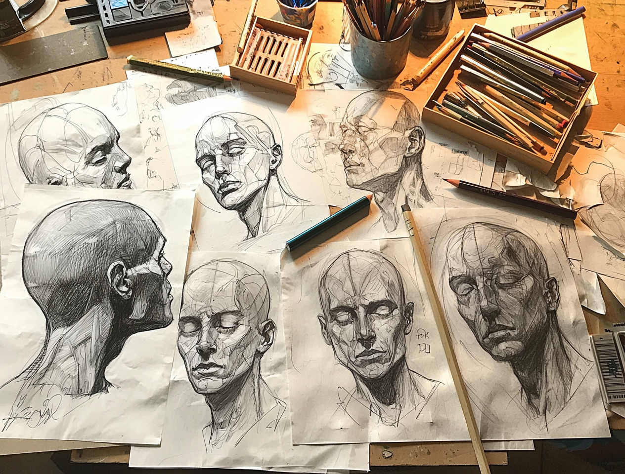 An artist’s desk with head sketches progressing from outline to shading stages.