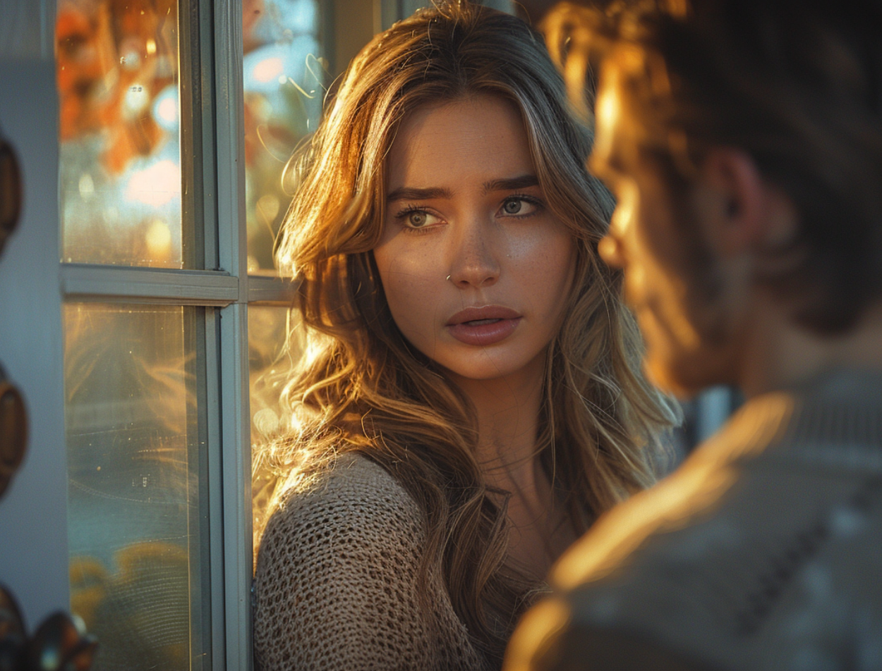 A fearful woman during a tense disagreement with a man in a domestic setting.