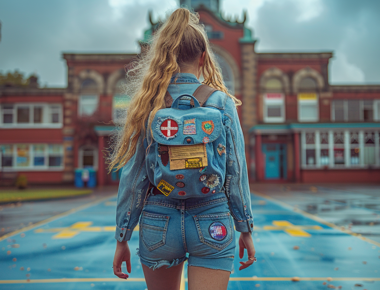 Girl walking to school with ironed-on embroidered patches on her backpack and jeans.