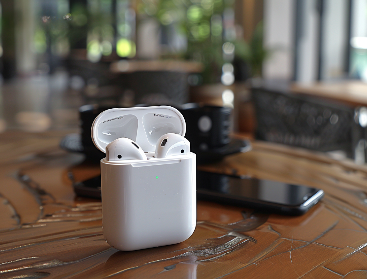 A pair of AirPods and a phone sitting on a counter.