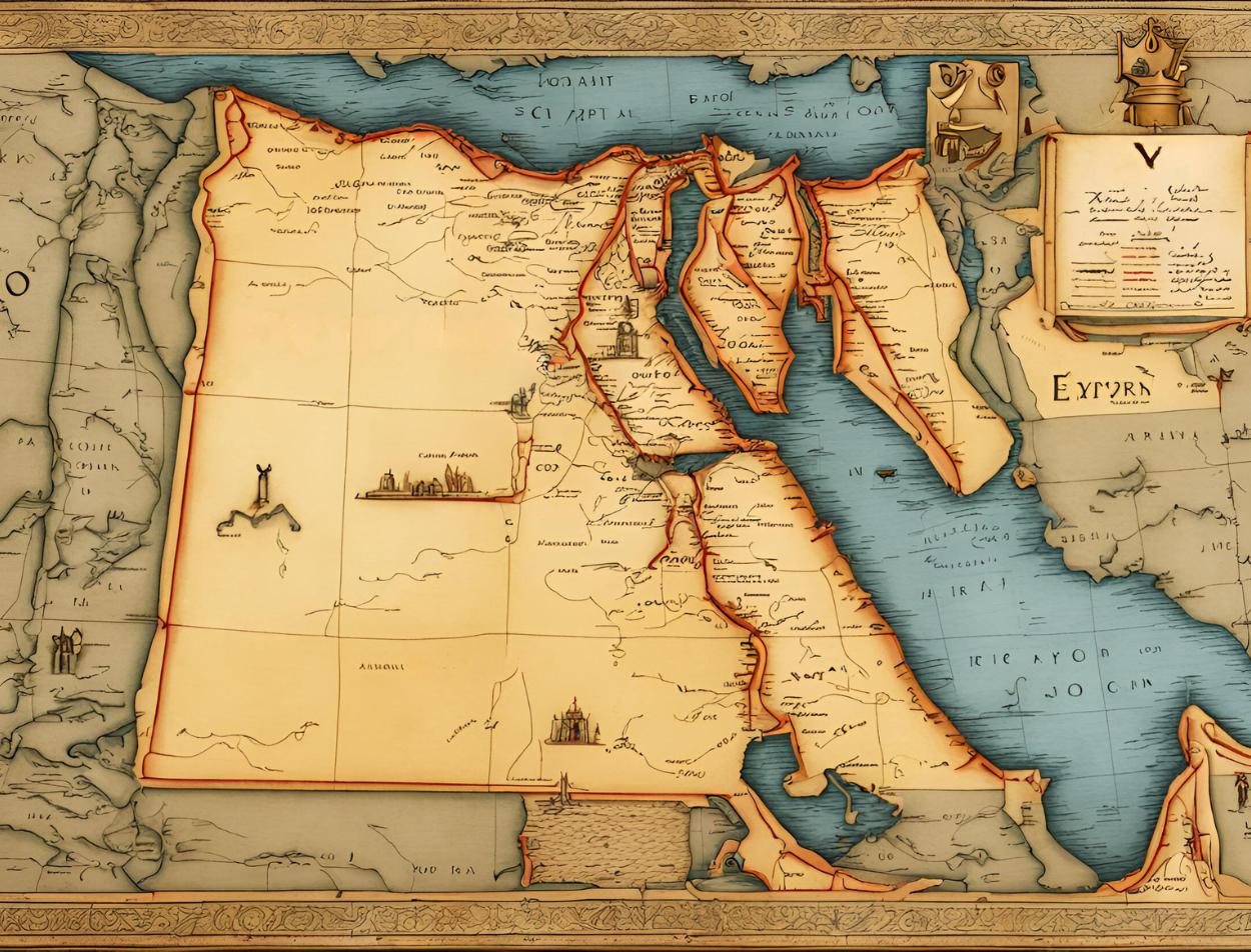 An ancient map showing Egypt's location and what continent Egypt is on the map.