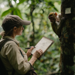 Wildlife researcher observing and documenting the behavior of an older monkey in the jungle.