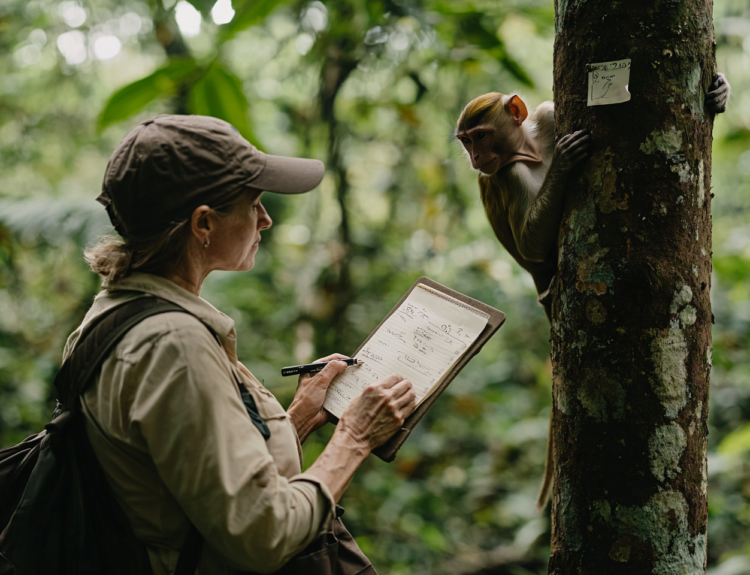 Wildlife researcher observing and documenting the behavior of an older monkey in the jungle.