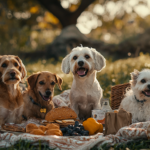 Picnic with several dogs outside; some hiccupping with mouths open