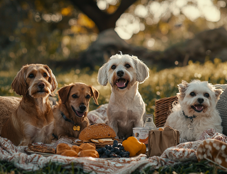 Picnic with several dogs outside; some hiccupping with mouths open